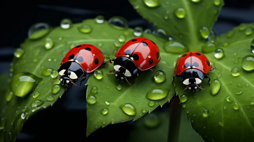 three ladybugs on leaves