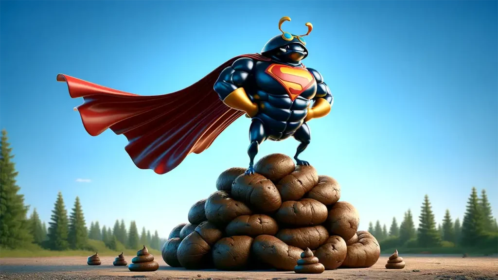 cartoon superhero dung beetle on poop