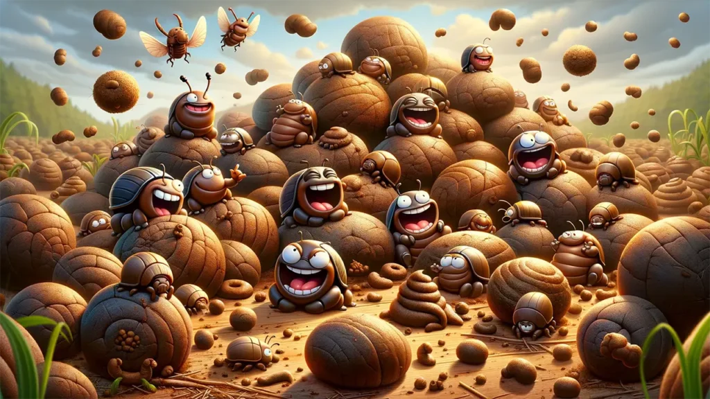 lots of happy dung beetles surrounded by poop