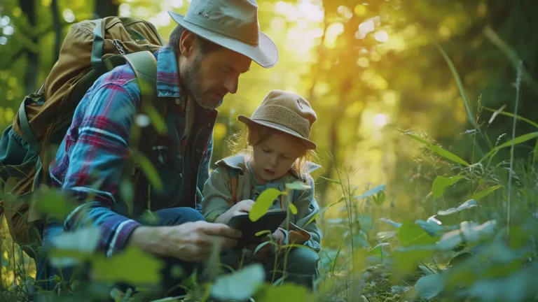 bug hunting father and daughter in a park forest