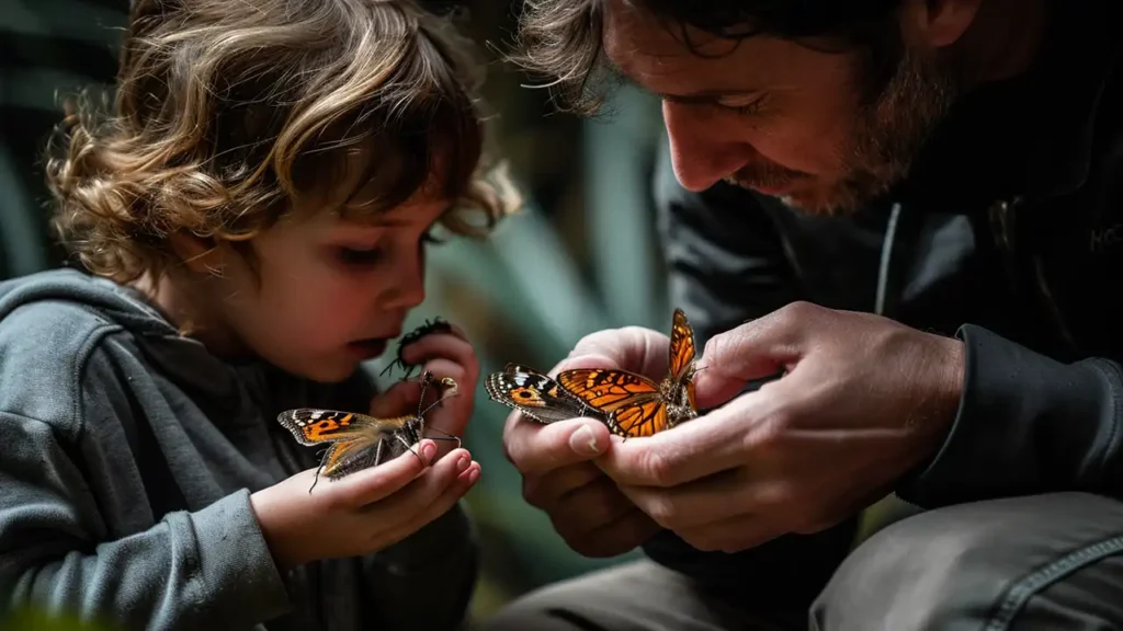 father and son holding and exploring butterflies