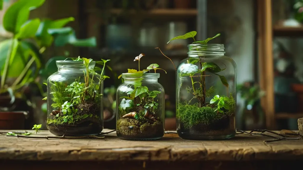 three mini terrariums in glass jars