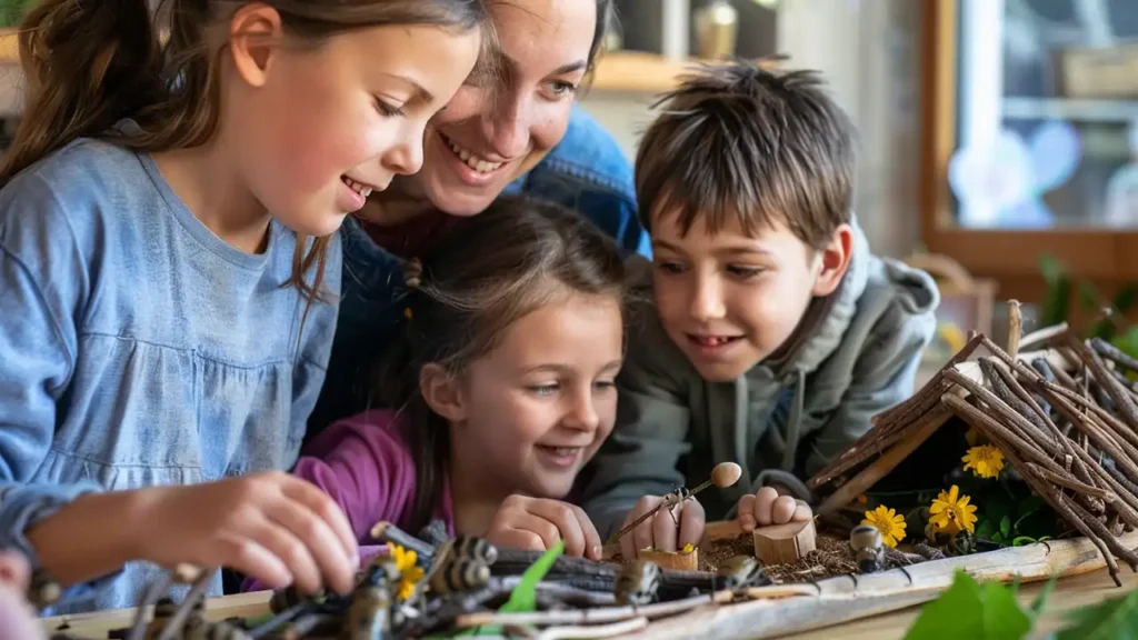 teacher and students making a bug hotel together